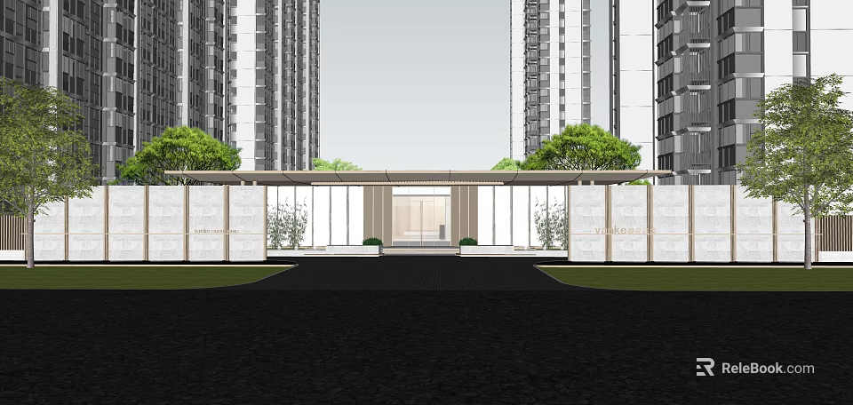 Modern Garden Landscape Covered Entrance With High Rise Buildings Green Plants And Lawn 3d model 