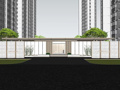 Modern Garden Landscape Covered Entrance With High Rise Buildings Green Plants And Lawn 3d model
