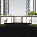 Modern Garden Landscape Covered Entrance With High Rise Buildings Green Plants And Lawn
