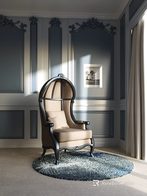 Elegant Single Sofa With Black Frame Beige Cushion Gray Wall Vertical Stripe Decoration Hanging Painting 3d model 