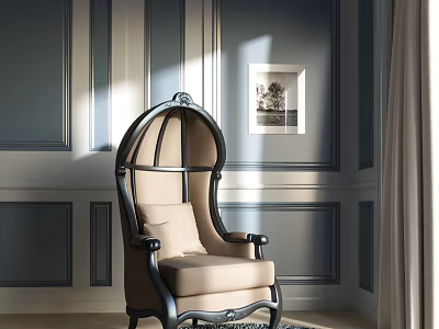 Elegant Single Sofa With Black Frame Beige Cushion Gray Wall Vertical Stripe Decoration Hanging Painting 3d model