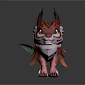 Colorful Mythical Creature Character Featuring Vibrant Red Orange Feathers Green Eyes Horned Head Turquoise Tail