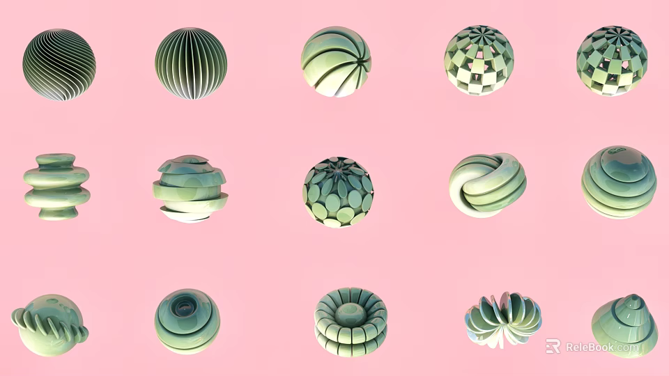 Green Spherical Decorative Ornament Set with Various Geometric Patterns on Pink Background 3d model