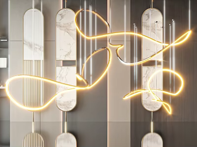 Modern Luxury Chandelier With Curved Golden LED Lights And Marble Panels 3d model
