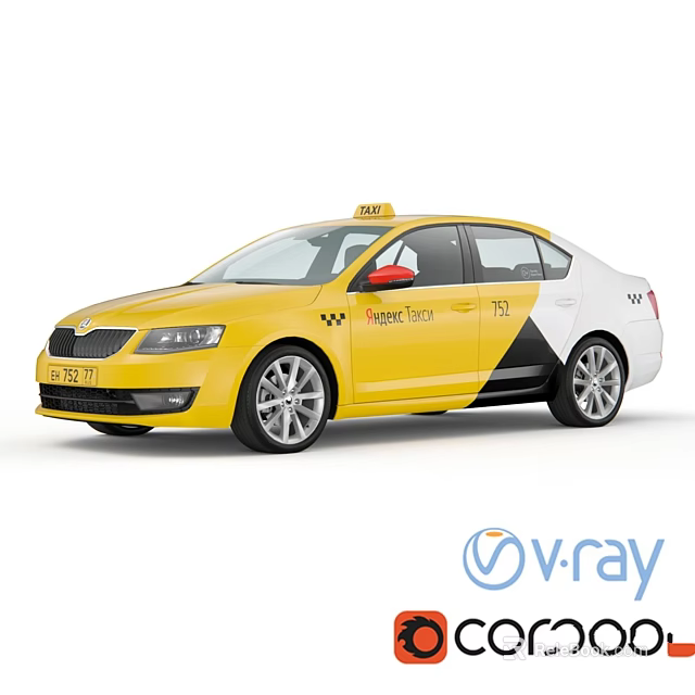 Yellow And White Taxi Car With Roof Sign And VRAY Logo On Body 3d model 