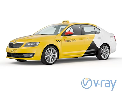 Yellow And White Taxi Car With Roof Sign And VRAY Logo On Body 3d model