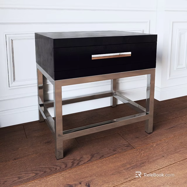 Modern Black Upholstered Nightstand Bedroom Furniture With Drawer And Metal Frame Handle 3d model 