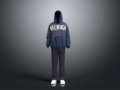 Dark Blue Hoodie and Sweatpants Casual Outfit with White BALENCIAGA Lettering Design 3d model