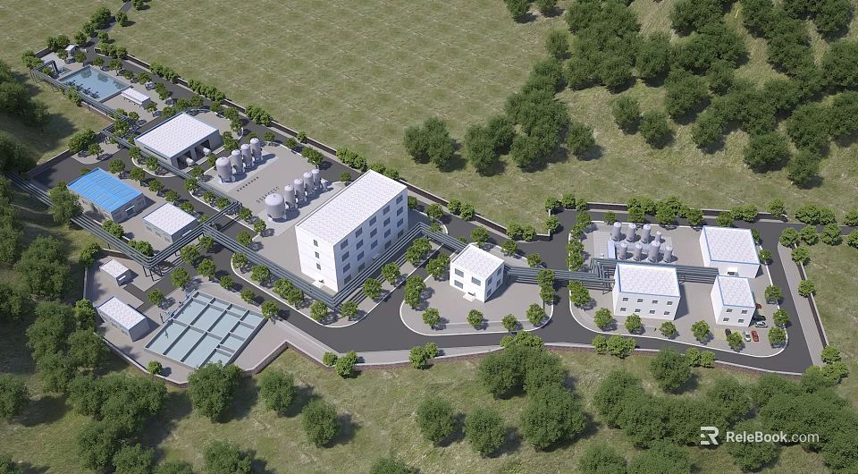 Aerial View of Industrial Factory Complex With Multiple Buildings Greenery and Roads 3d model 