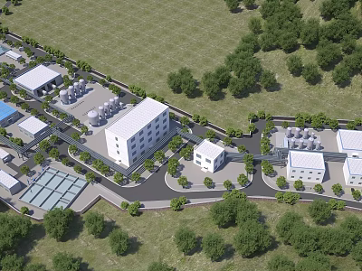 Aerial View of Industrial Factory Complex With Multiple Buildings Greenery and Roads 3d model
