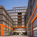 Modern Office Building Exterior Design With Gray And Orange Facade And Glass Windows Multi Story