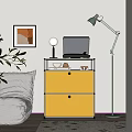 Yellow Console Side Cabinet With Drawers Modern Design Floor Lamp Wall Art And Plants