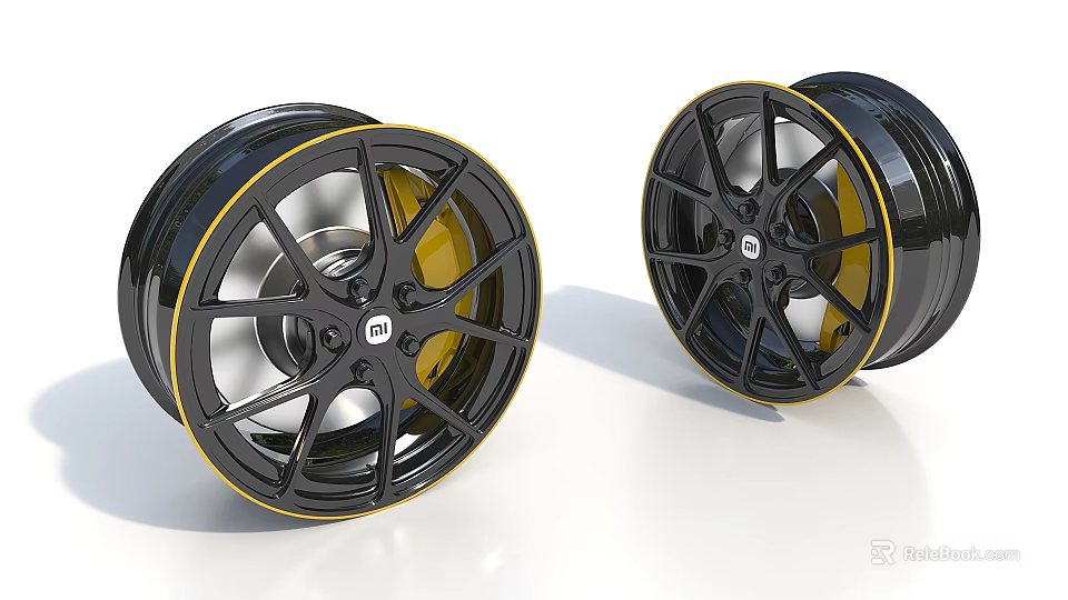Sleek Black Alloy Car Wheels With Yellow Rim Accent And Silver Spokes 3d model 