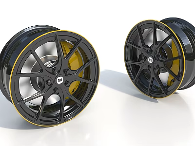 Sleek Black Alloy Car Wheels With Yellow Rim Accent And Silver Spokes 3d model