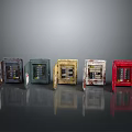 Five Different Colored Open Door Computer Cases Showing Internal Components On Gray Surface With Reflections