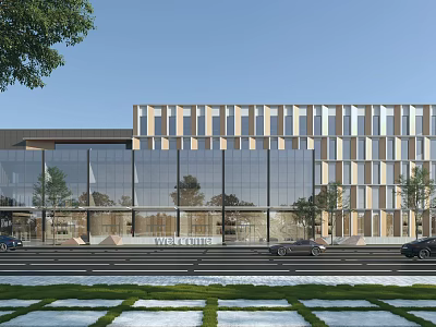 Modern Office Building Exterior Design With Glass Facade And Striped Pattern With Trees And Cars 3d model