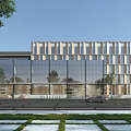 Modern Office Building Exterior Design With Glass Facade And Striped Pattern With Trees And Cars