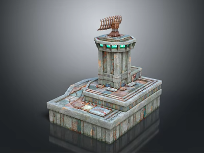 Intricately Carved Stone Tower Sculpture With Sail Shaped Top Green Lights And Weathered Details 3d model
