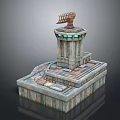 Intricately Carved Stone Tower Sculpture With Sail Shaped Top Green Lights And Weathered Details