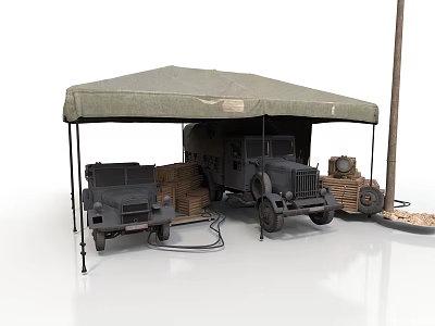 Modern Military Tent Shelter With Cargo Trucks And Wooden Crates 3d model