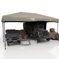 Modern Military Tent Shelter With Cargo Trucks And Wooden Crates