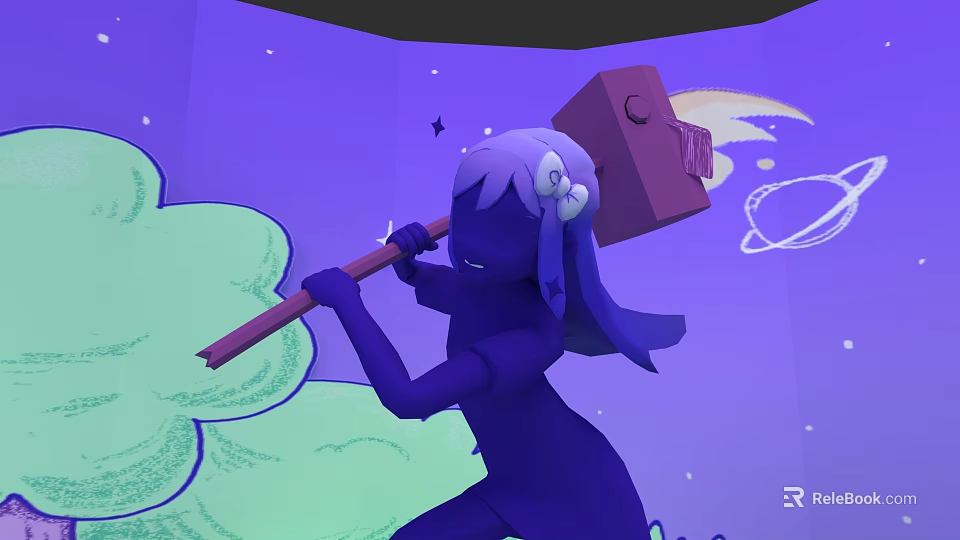 Purple Game Character With White Hair Bow Wielding Large Hammer In Cosmic Background 3d model 