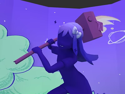 Purple Game Character With White Hair Bow Wielding Large Hammer In Cosmic Background 3d model