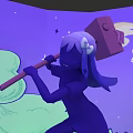 Purple Game Character With White Hair Bow Wielding Large Hammer In Cosmic Background
