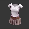 White Short Sleeve T Shirt With Brown Belt And Light Brown Pleated Skirt
