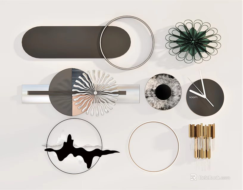 Modern Wall Decor With Geometric Metallic Rings Marble Plates And Abstract Clock 3d model