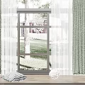 Floor to Ceiling Window with Green Curtains White Sheer and Outdoor Tree Lawn View on Wooden Floor