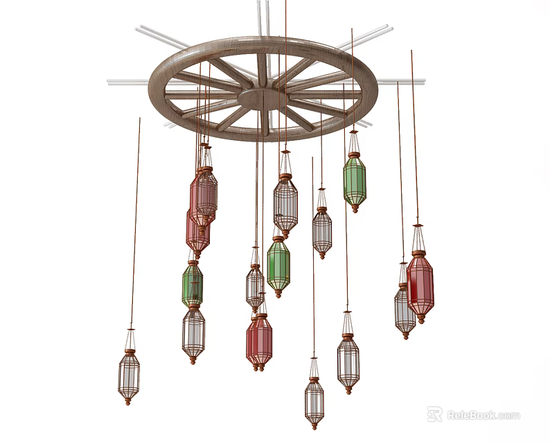 Colorful Hanging Chandelier With Wheel Shaped Top And Multiple Glass Lamps 3d model 
