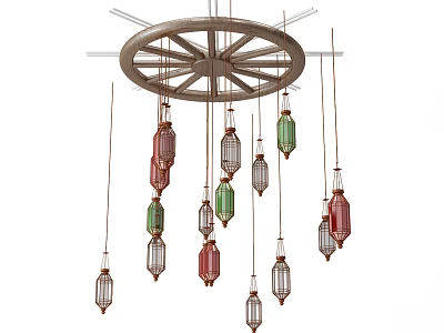 Colorful Hanging Chandelier With Wheel Shaped Top And Multiple Glass Lamps 3d model