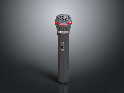 Handheld Gray Microphone With Red Ring Textured Top And Control Button Design 3d model