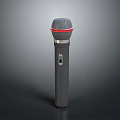 Handheld Gray Microphone With Red Ring Textured Top And Control Button Design 3d model