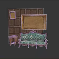 Vintage Green Floral Sofa With Small Round Table Against Dark Paneled Wall and Picture Frames