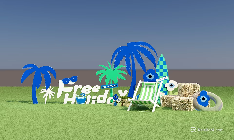 Free Holiday Outdoor Scene With Blue Palm Trees Lawn Deck Chair Hay Bales Surfboard Sunglasses 3d model 