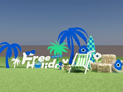 Free Holiday Outdoor Scene With Blue Palm Trees Lawn Deck Chair Hay Bales Surfboard Sunglasses 3d model