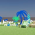 Free Holiday Outdoor Scene With Blue Palm Trees Lawn Deck Chair Hay Bales Surfboard Sunglasses