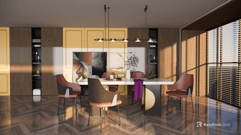 Modern Restaurant Interior With Open Layout Dining Table Hanging Lights And Decorative Art 3d model