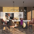 Modern Restaurant Interior With Open Layout Dining Table Hanging Lights And Decorative Art 3d model