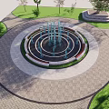 Beautiful Circular Fountain With Blue Water Jets Surrounded By Grass Trees And Flower Beds