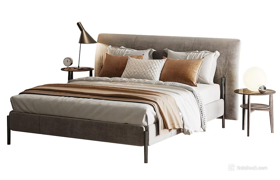 Double Bed With Gray Headboard Multiple Pillows Striped Bed Sheets And Nightstand Lamp 3d model 