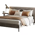 Double Bed With Gray Headboard Multiple Pillows Striped Bed Sheets And Nightstand Lamp 3d model
