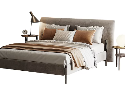 Double Bed With Gray Headboard Multiple Pillows Striped Bed Sheets And Nightstand Lamp 3d model