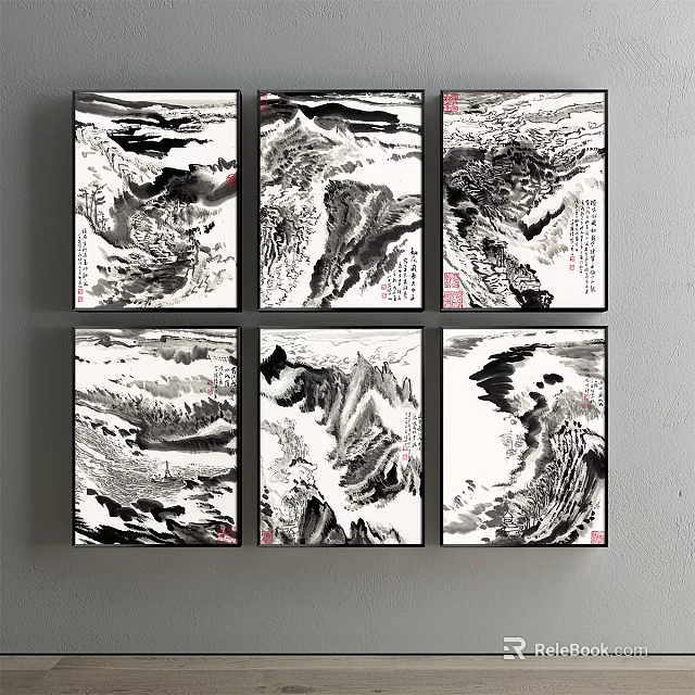 Six Traditional Chinese Ink Landscape Paintings With Mountain Scenes And Black White Artwork 3d model 