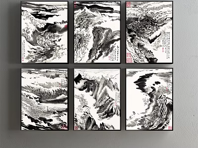 Six Traditional Chinese Ink Landscape Paintings With Mountain Scenes And Black White Artwork 3d model