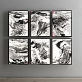 Six Traditional Chinese Ink Landscape Paintings With Mountain Scenes And Black White Artwork