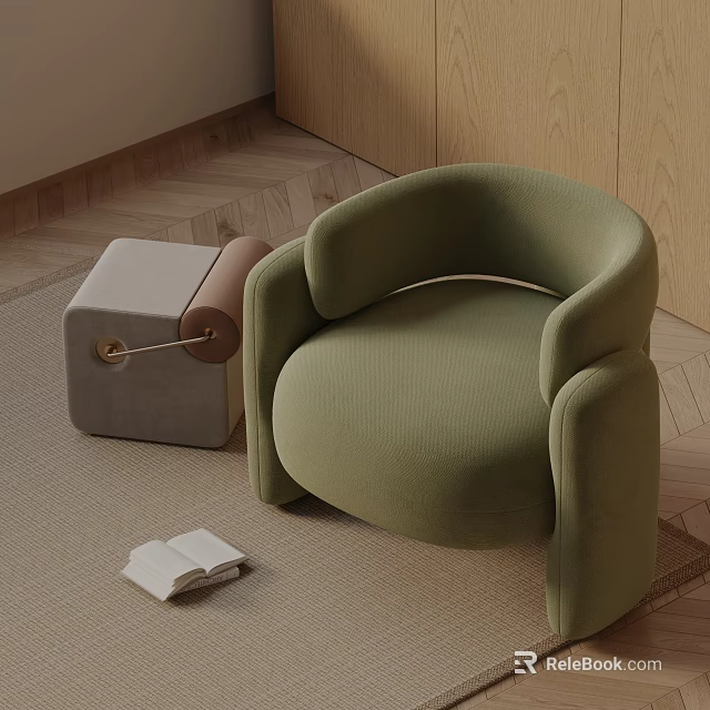 Comfy Olive Green Accent Chair With Small Side Table And Open Book On Soft Rug 3d model 