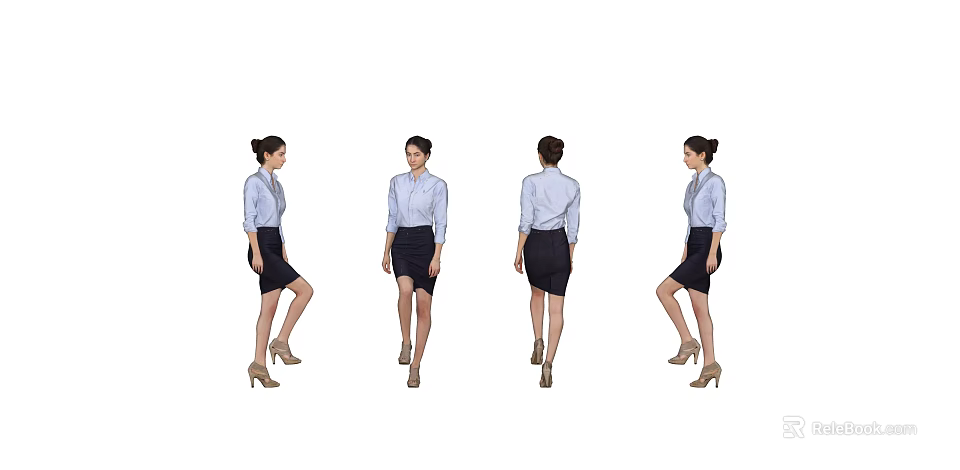 Woman in Light Blue Shirt Black Skirt with High Heels and Updo Hair from Different Angles 3d model 